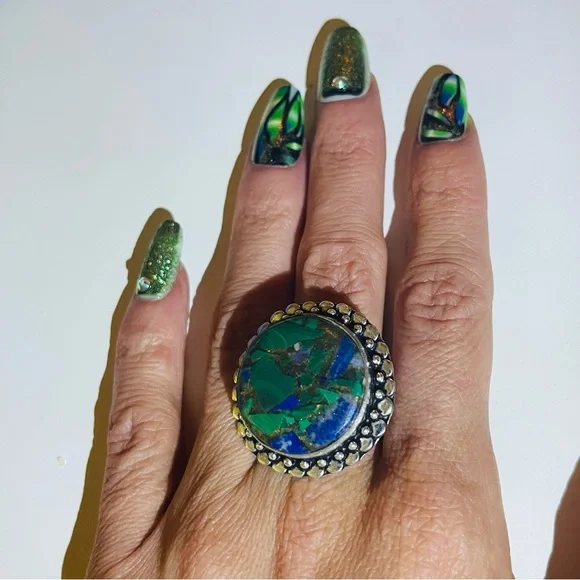 New Artisan Blue Green Natural Azurite Stone 925 Sterling Silver Circle Ring - Picture 13 of 15